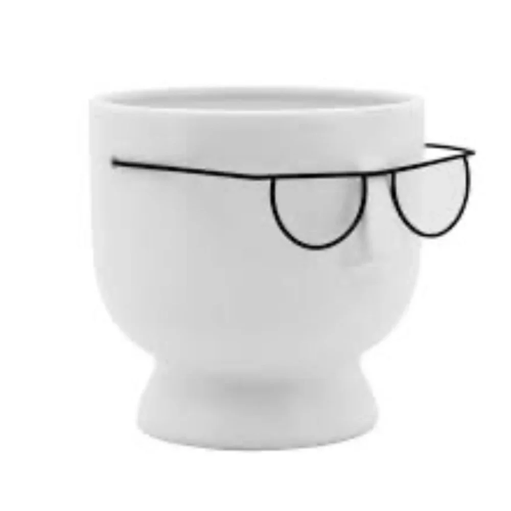 Face with glasses 6in ceramic planter white